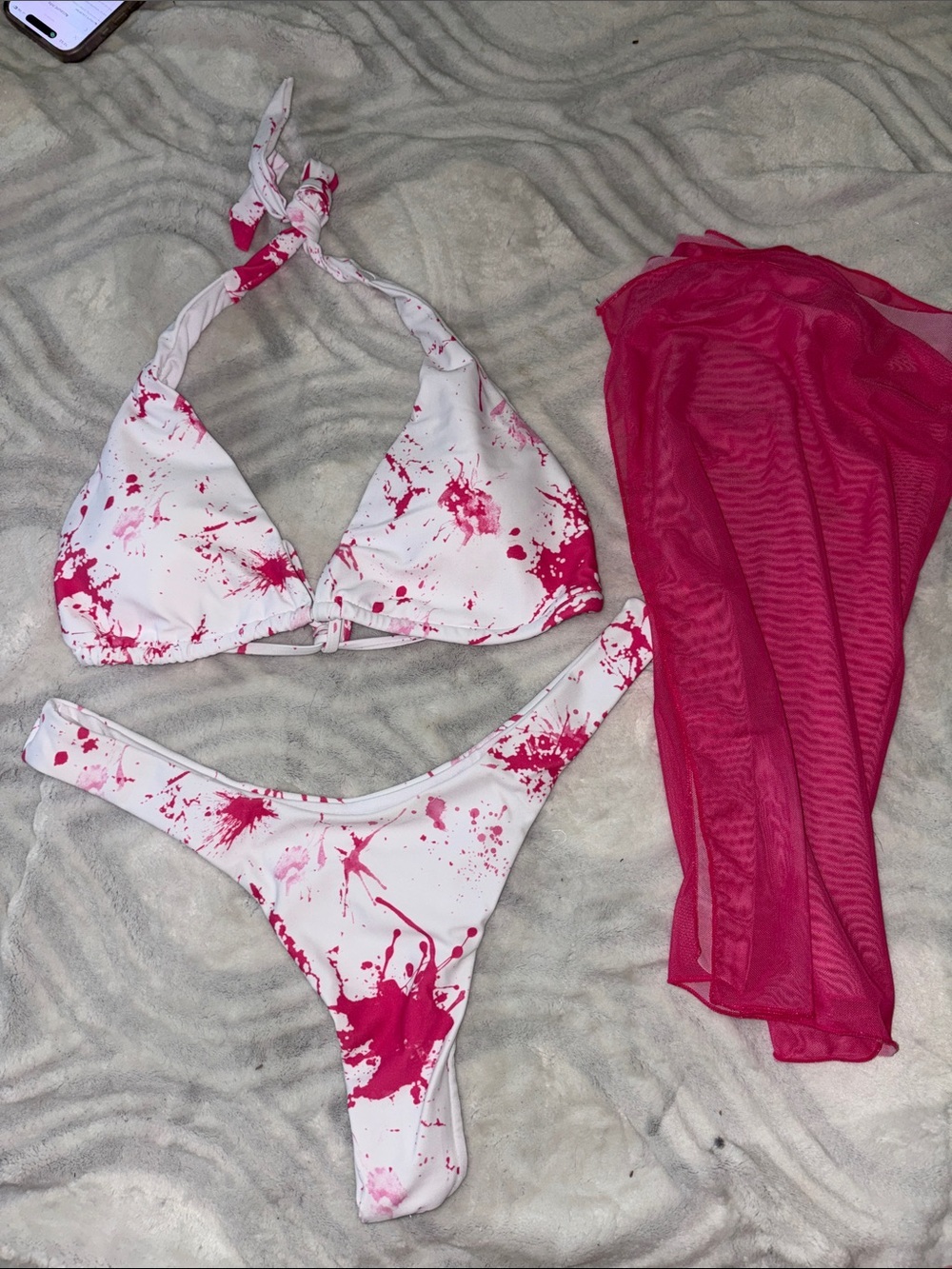 Cupshe White Bikini with Hot Pink Splatter and Pink Cover-Up